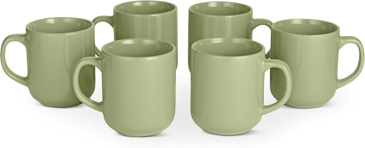 Amazon Basics Tazas de Café de Gres Esmaltado, Juego de 6 Piezas, 455ml, Aptas para Microondas y Lavavajillas, Oliva