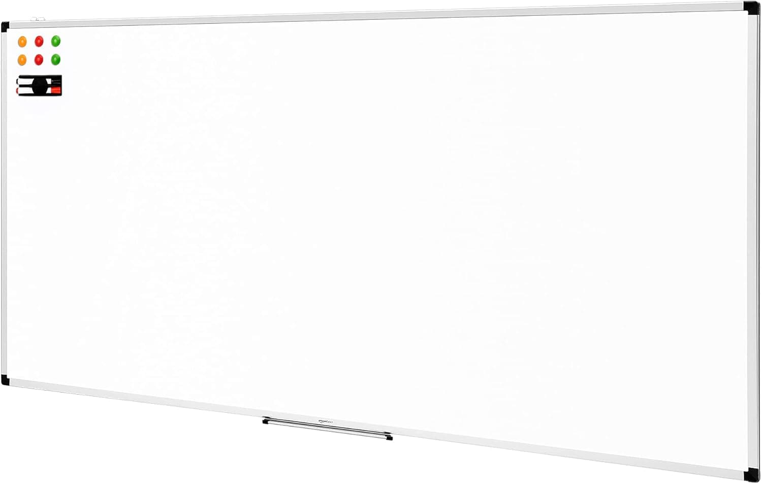 Amazon Basics Pizarra Blanca Magnética con Marco de Aluminio, Bandeja para Rotuladores, 6 Imanes, 1 Borrador y 2 Rotuladores para Uso en Oficina y Hogar, Montaje en Pared, Borrado en Seco, 240 x 100cm