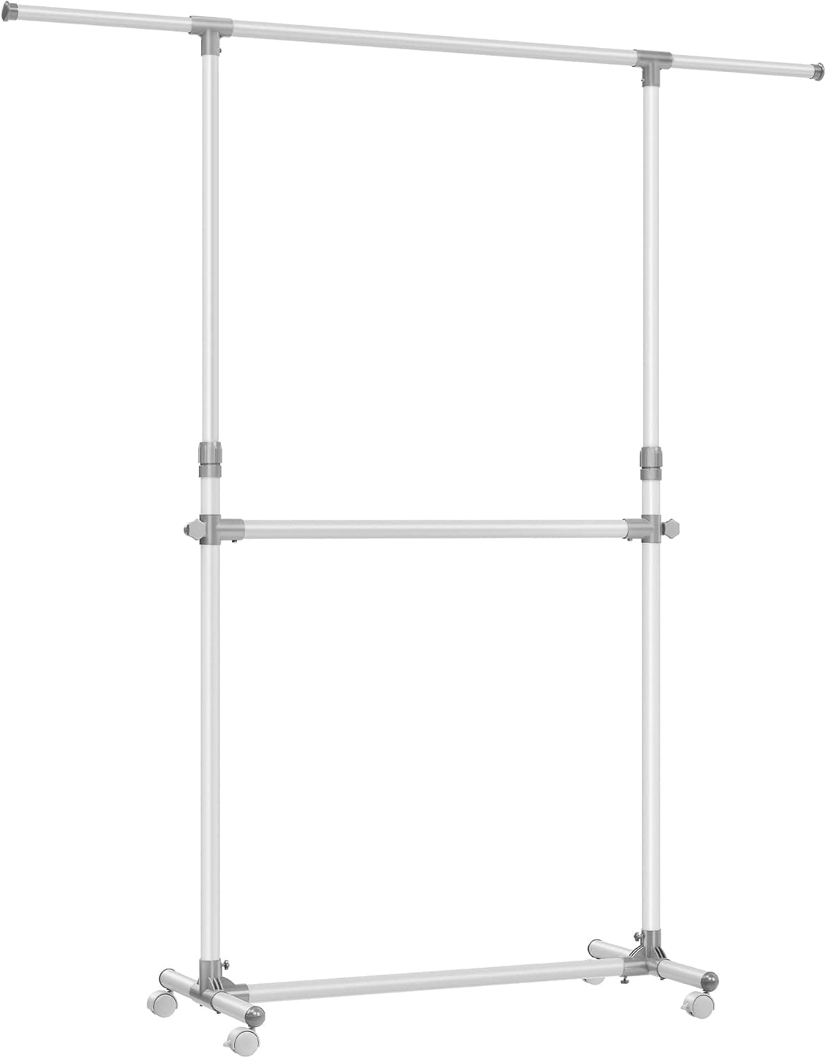 SONGMICS Burro de Ropa con Doble Barra, Perchero con Ruedas Extensible, Altura Ajustable 113-180 cm, Barra Central Ajustable, Blanco LLR401W01