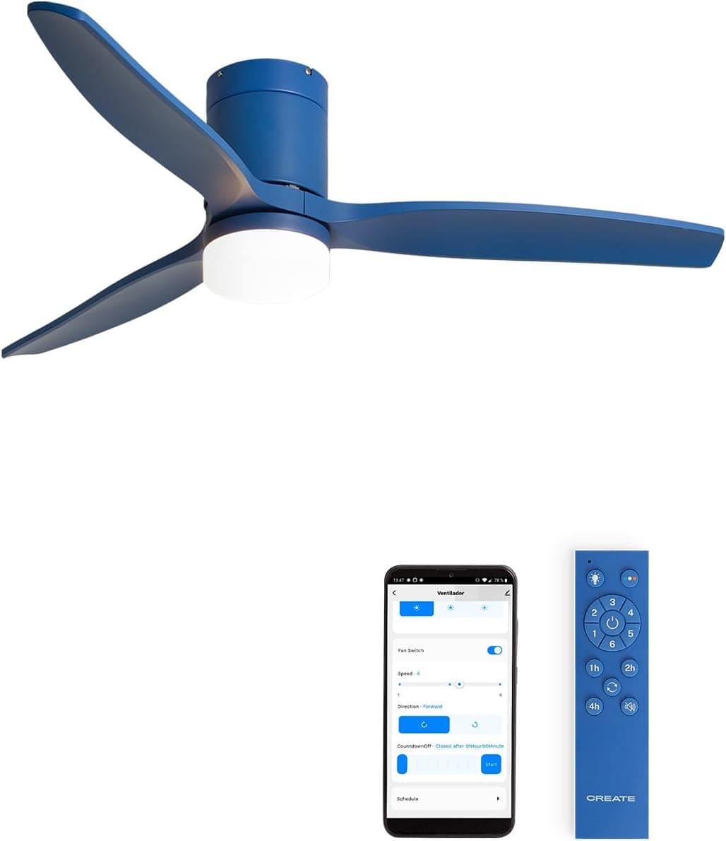 CREATE / WINDCALM M/Ventilador de techo ABS con luz azul cobalto con Wifi y mando / 40W, Silencioso, Ø132 cm, 6 velocidades, 3 temperaturas de luz, temporizador, función verano-invierno