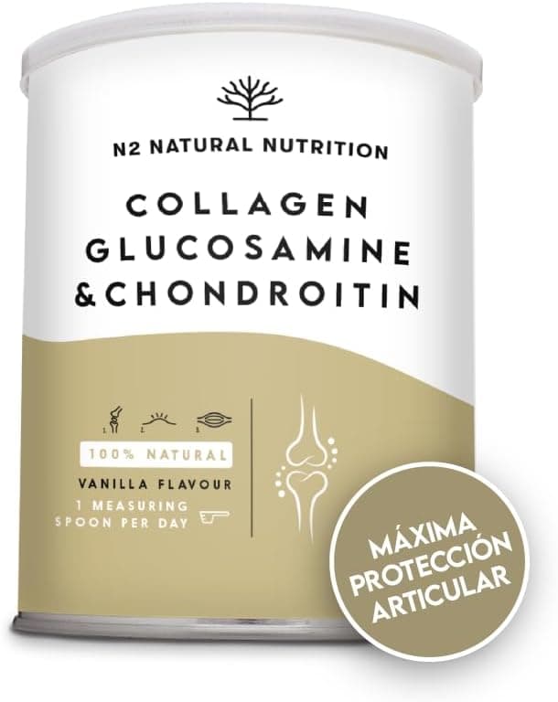 Glucosamina y Condroitina Complex (1.500 mg + 1.200 mg) con Colageno Hidrolizado 10.000 mg, Ácido Hialurónico y Vitamina C. Fortalece Cartílagos, Articulaciones, Piel y Huesos. N2 Natural Nutrition