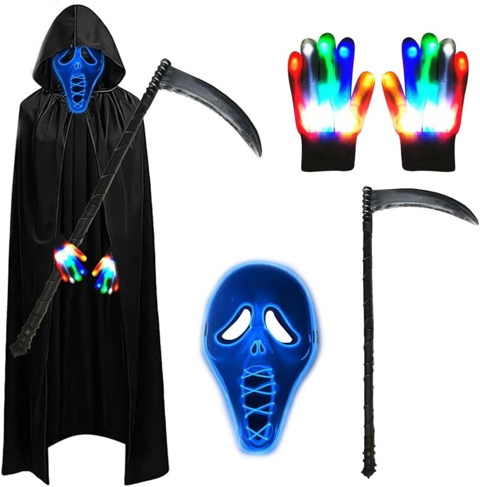 Disfraz de Muerte Adulto,Disfraz de Fantasma Halloween,Disfraz de Segador,Largo Capa con Capucha,con Máscara de Calavera, Guantes, guadaña,para Halloween Fiesta Carnival Cosplay