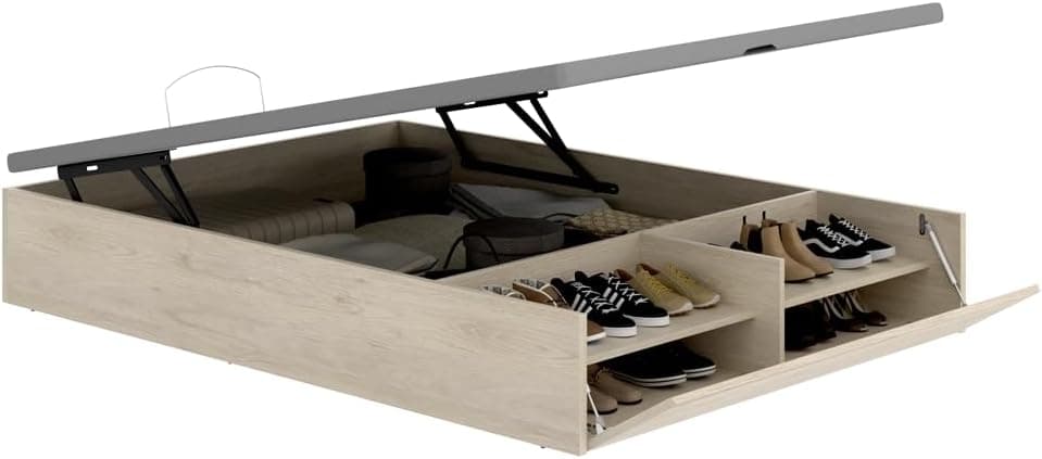 DEKIT - Canapé Abatible LAN 150x190 cm Natural con Zapatero Integrado | Gran Capacidad de Almacenaje | Tapa 3D Transpirable y 4 válvulas de aireación | Pistones Hidráulicos | Reforzado