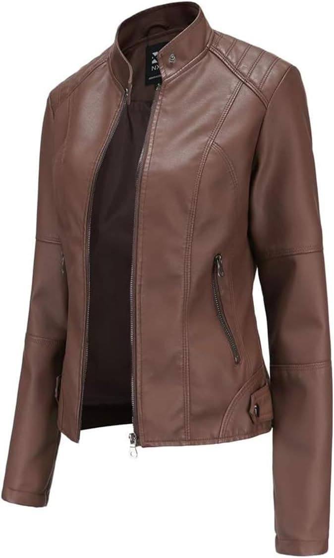 Hiseng Chaqueta de Cuero Sintético para Mujer, PU Chaqueta Cuero Mujer, con Bolsillos con Cremallera, Color Café Moda Corta Cazadora, Otoño, Primavera