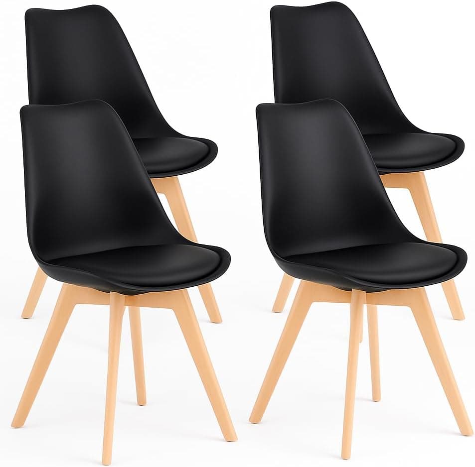 T-LoVendo Pack de 4 Sillas Comedor Nórdico, Sillas de Cocina Nórdicas con Patas de Madera Maciza de Haya y Asiento Acolchado y Tapizado, Respaldo Ergonómico (Negro)
