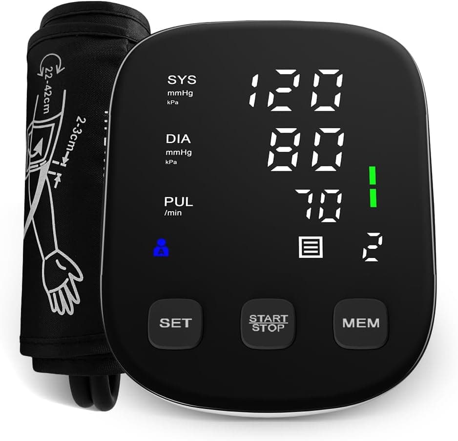 Tensiómetro de Brazo Digital Automático, Monitor de Presión Arterial con Pantalla LCD Grande, 2x120 Memoria Dual, Detección de Arritmia, Brazalete 22-42cm, Alimentación USB Tipo-C/Batería