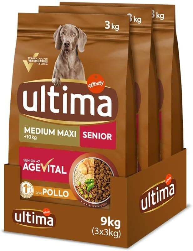 Ultima Medium-Maxi Senior Pollo, Comida seca para perros, Pack de 3 x 3kg, Total 9kg