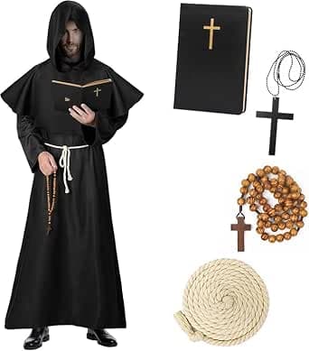 Disfraz Halloween Hombre Adulto,Conjunto De Disfraz Monje Hombre Incluye Túnica, Sotana, Cuaderno CláSico Y DecoracióN Con Cruz, Disfraz Halloween Hombre De Monje Medieval.