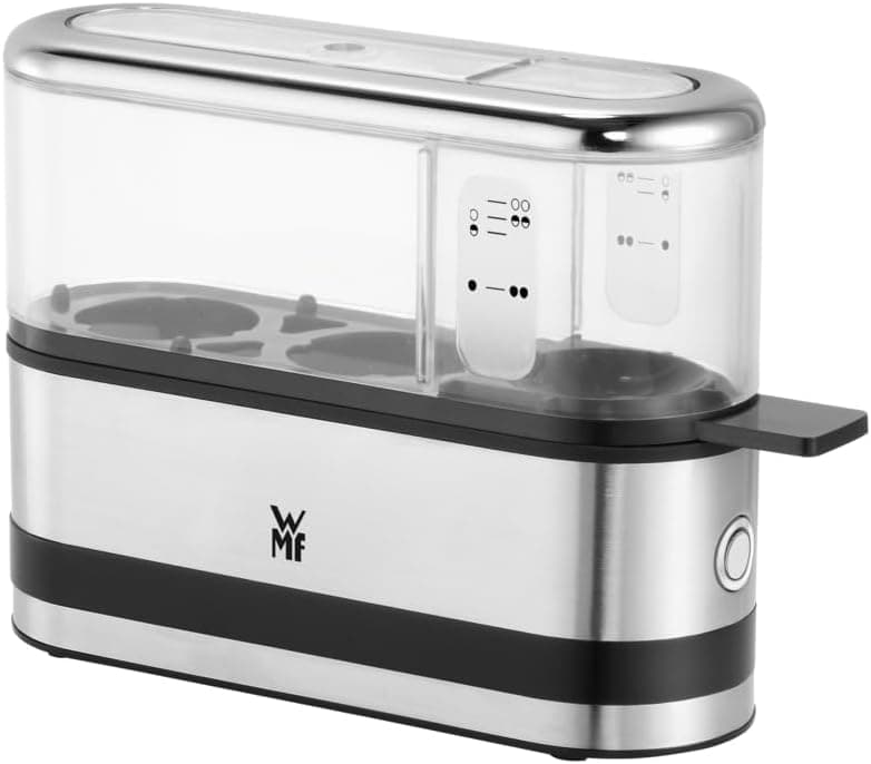 WMF Kitchenminis - Cocedor de dos Huevos 250 W, con espacio para dos huevos, acabados de acero inoxidable de Cromargan® mate, cubierta Tritan libre de BPA, jarra de medición de agua y perforador de huevos incluido
