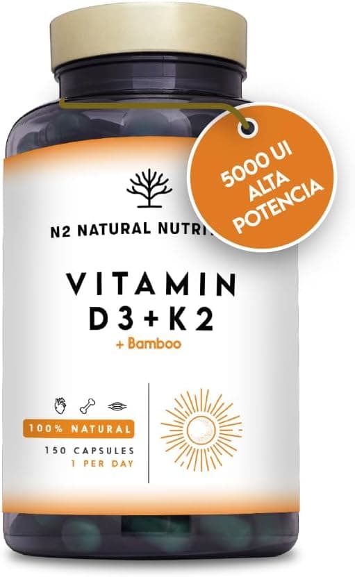 Vitamina D3 y K2. Vitamina D3 5000 ui + Vitamina K2 MK7 200 μg + Silicio + Bamboo. Alta Dosificación y Biodisponibilidad. Contribuye al Sistema Inmunológico. 150 Cápsulas. N2 Natural Nutrition