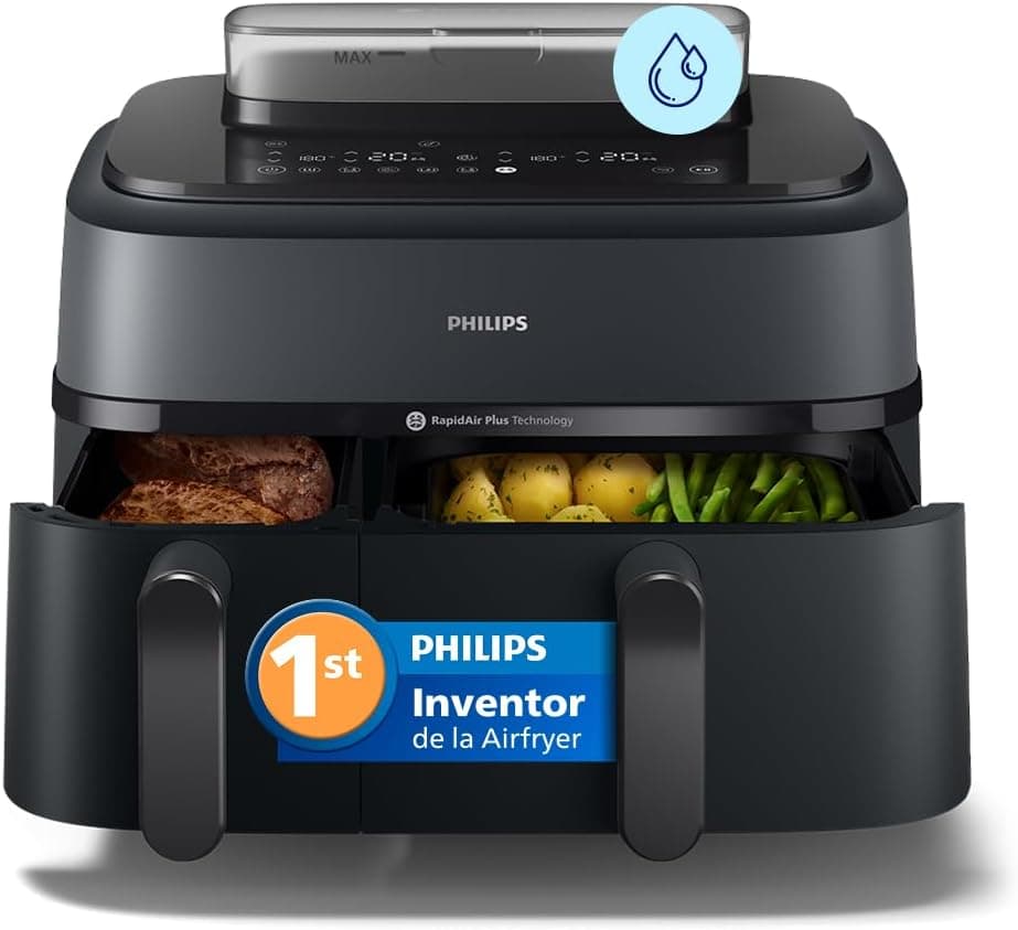 Philips 5000 Airfryer - Freidora de Aire Doble Cesta SteamFry 9L, Negro