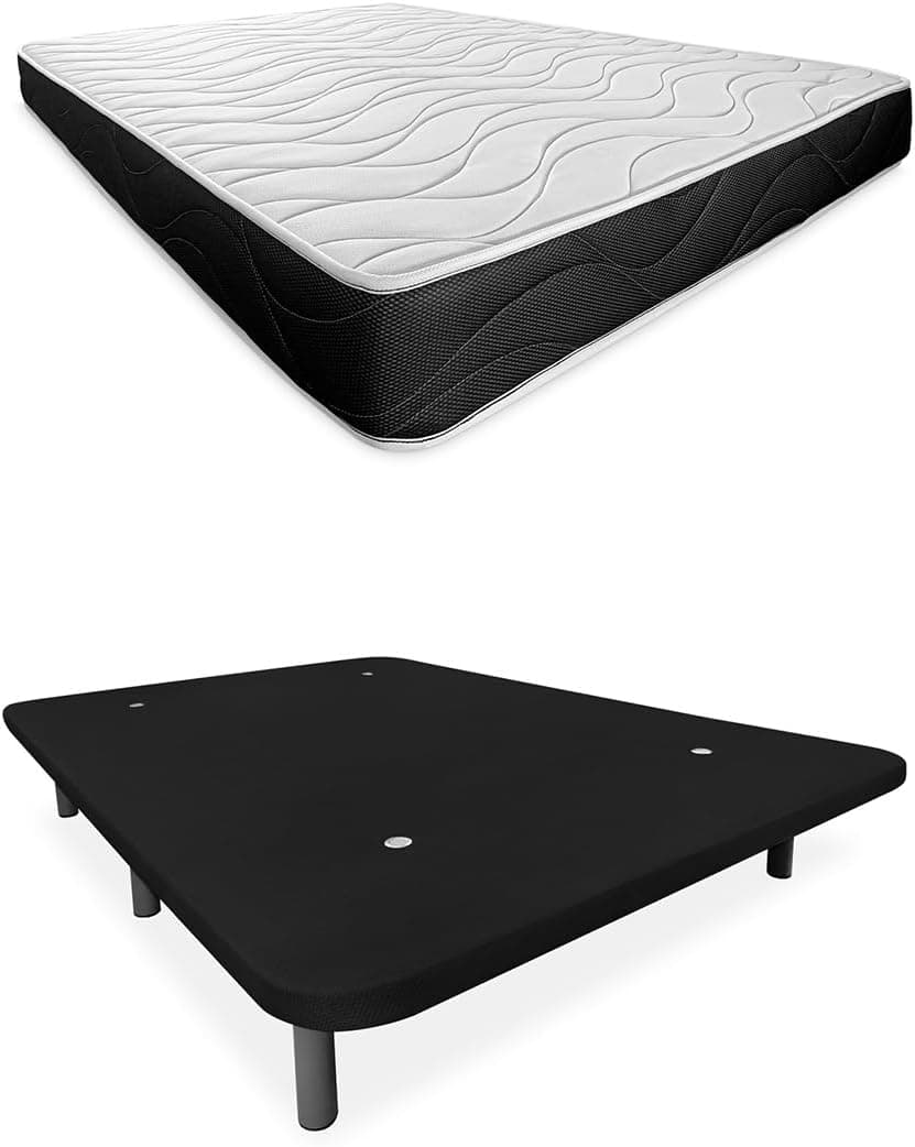 Somnia Descanso - Cama Completa con Colchón Bombay Reversible + Base Tapizada Extra Reforzada con 6 Patas Cilíndricas Metálicas Roscadas, 90 x 190, Negro