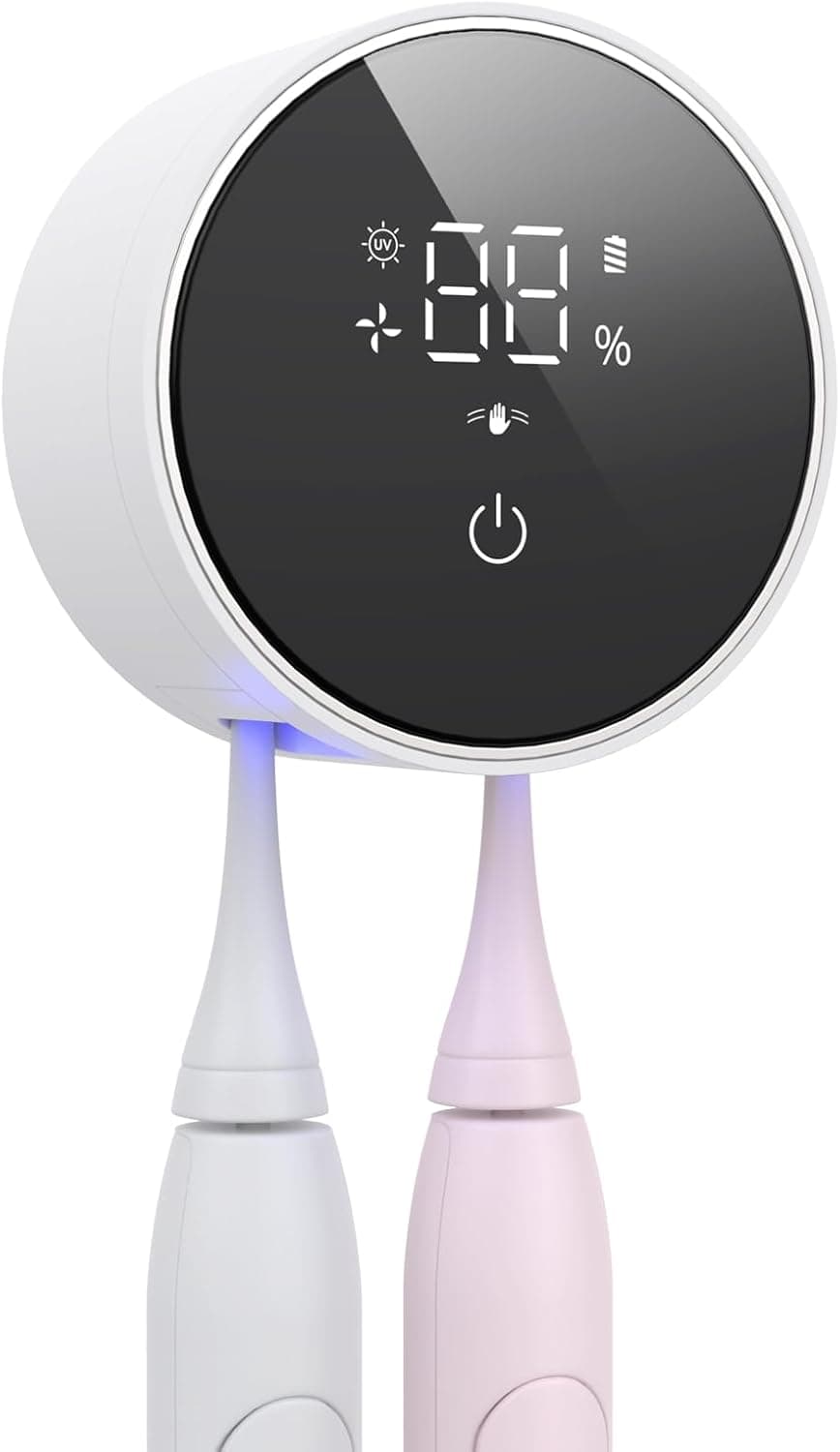 LifeBasis Esterilizador Cepillo Dientes UV Secado a 60°C Soporte Cepillo de Dientes Eléctrico Desinfección Eficiente Pantalla LED Montaje sin Taladrar, Batería Duradera 33 Días para Familia y Viaje