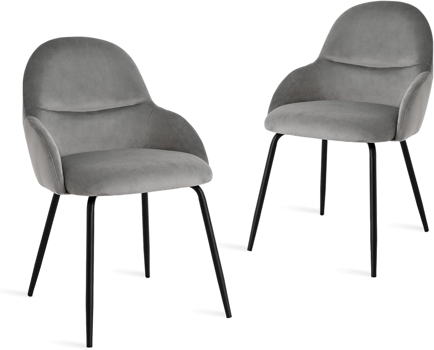 Comedor – Juego de 2 sillas con reposabrazos, revestimiento de terciopelo gris claro, patas metálicas robustas, asiento tapizado moderno para cocina o salón