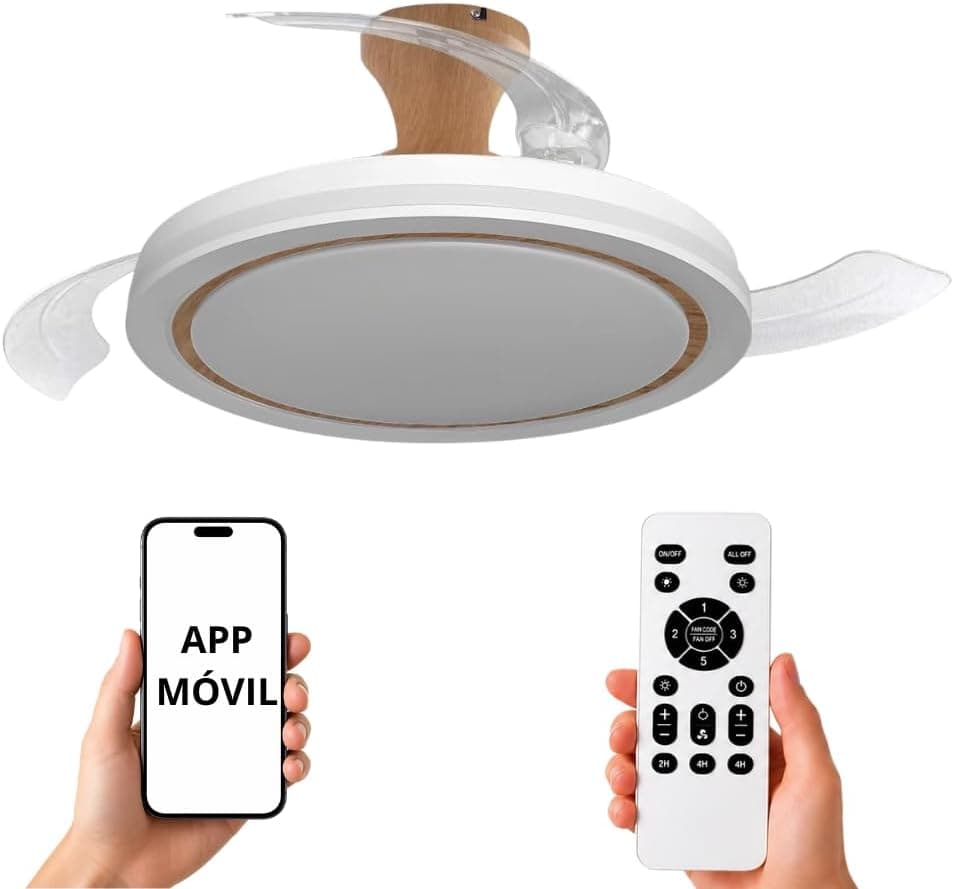 NARVI Ventilador de Techo Blanco y Madera Haya Ø107 cm con Luz LED Regulable, Motor DC Silencioso de Bajo Consumo, Lámpara Ventilador con Mando, 3 Aspas Retráctiles, CRETA 8938 WDN