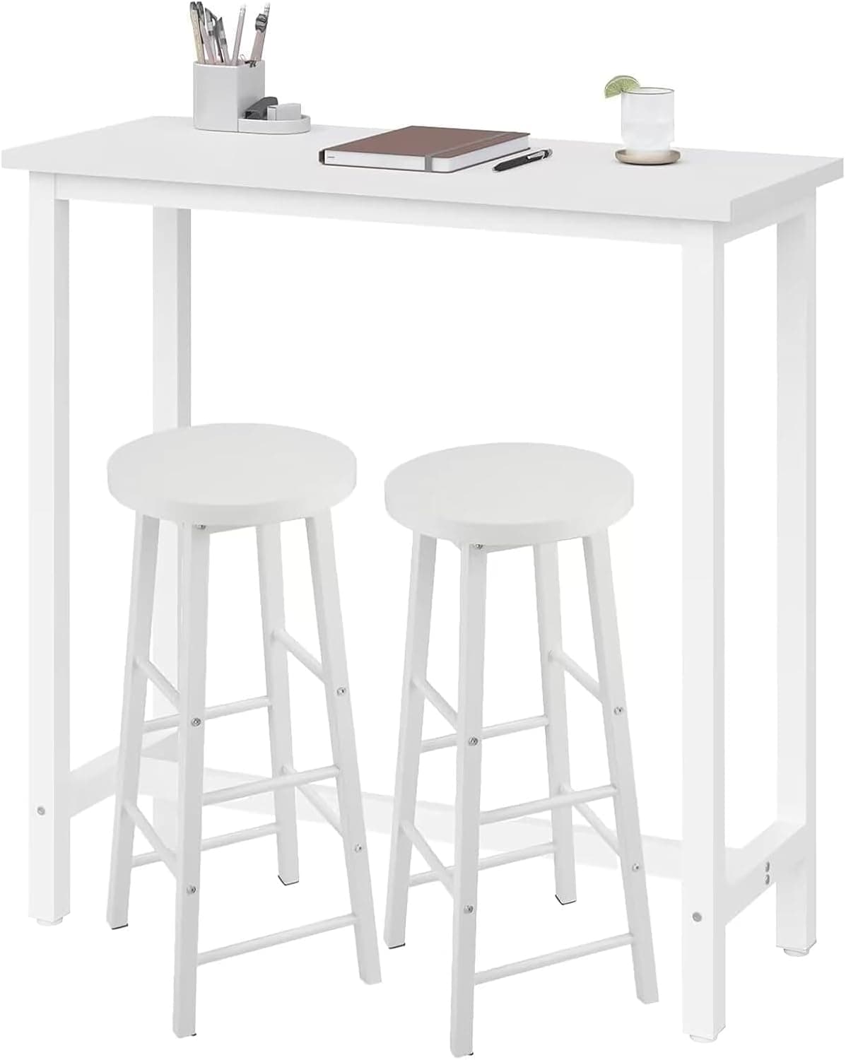 WOLTU Mesa Alta de Barra Cocina, Mesa Bar con 2 Taburetes de Bar, Juego de Comedor para Bar, Comedor, Isla Cocina, Taburetes Redondos, Estructura de Metal, Diseño Industrial, Blanco