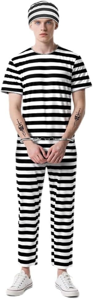 Disfraz de Prisionero, Disfraz de Convicto Blanco y Negro con Top Pantalones y Gorro, Traje Carcel Convicto, Ropade Preso Adulto, para Cosplay Carnaval Halloween Fiesta