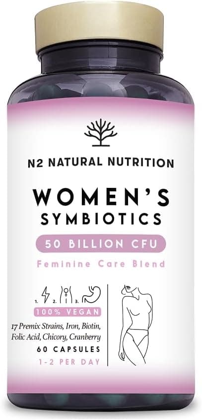 Probioticos Mujer + Flora Intima. 1 capsula/Día para 2 Meses. 50 Mil Millones UFC y 17 Cepas. Formula Complex con Hierro, Arándanos y Acido Fólico, Salud Digestiva e Intima. N2 Natural Nutrition