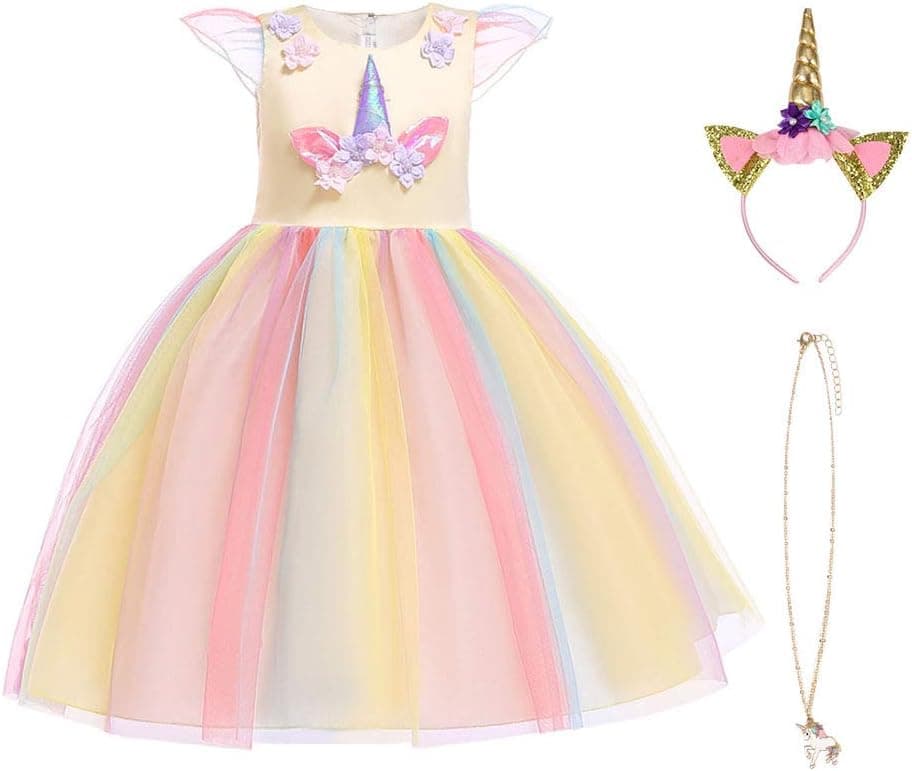URAQT Disfraz Unicornio Niña, 3pcs Vestido Princesa Con Diadema y Collar