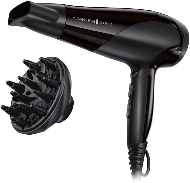 Remington Secador de Pelo Ionic Dry 2200, Iónico, Cabello Sin Encrespamiento, 2200 W, Concentrador y Difusor, 3 Temperaturas, 2 Velocidades, Rejilla Trasera Desmontable, Gancho Para Colgar, D3198