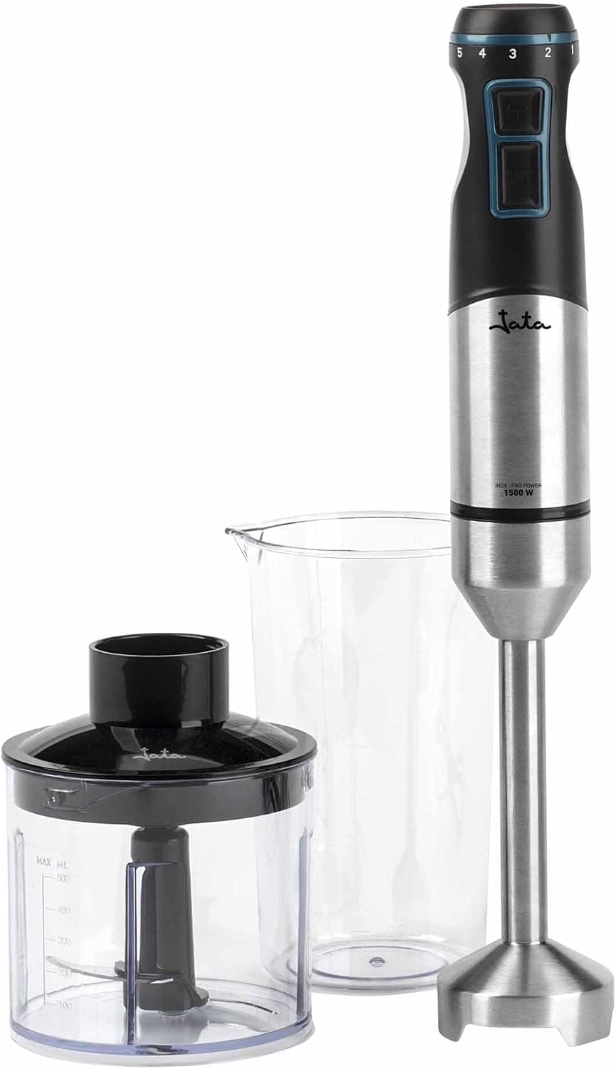 JATA JEBT1791 - Batidora de Mano Potente 1500W, Batidora de Brazo Inox con Picadora, Vaso Medidor con Tapa, 4 Cuchillas de Acero Inoxidable, Regulador Electrónico y 15000 RPM
