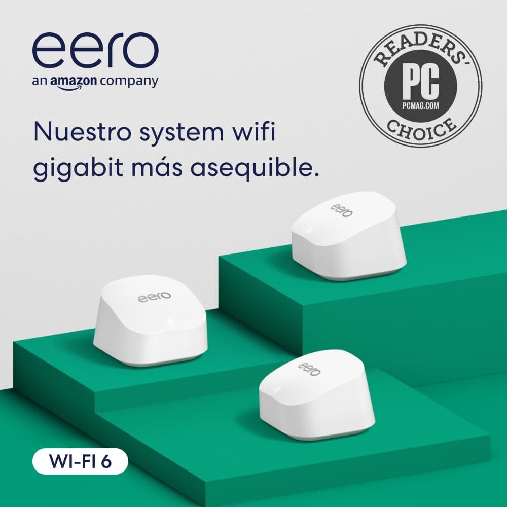 Router wifi de malla eero 6+ de Amazon | Con Ethernet de 1 Gb/s, 420 m2 de cobertura y capacidad para conectar más de 75 dispositivos | pack de 3, modelo de 2022