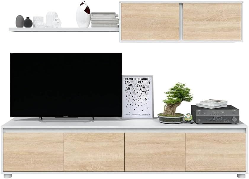 Habitdesign Mueble de Salón Modelo Alida, Blanco Artik y Roble Canadian