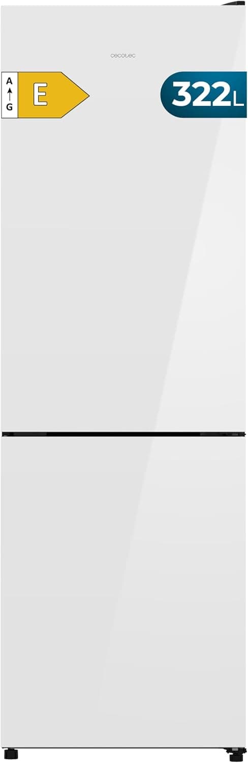 Cecotec Frigorífico Combi Total No Frost Bolero CoolMarket Combi 322i White Glass E, 322L, 185,5 cm de Alto, 59,5 cm de Ancho, Clase E, Tecnología Multi Airflow, HumidityFlex HUB, LED Interior, Blanco