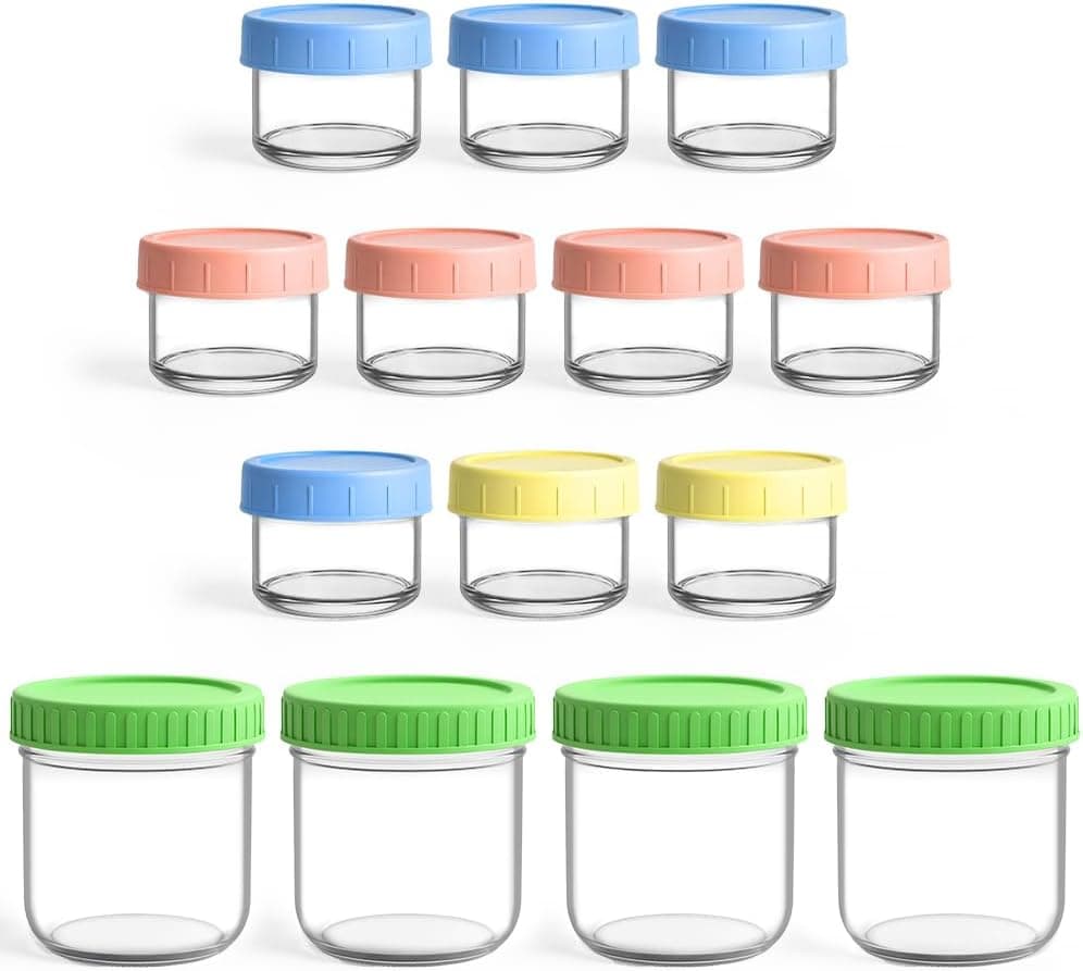 Aolso Recipiente de Vidrio para Comida, 14PCS Recipiente para Comida, 4 * 300ML/10 * 60ML, Frascos Congelar con Tapas Herméticas, Almacenar y Congelar Alimentos, Aptos para Congelador y Microondas