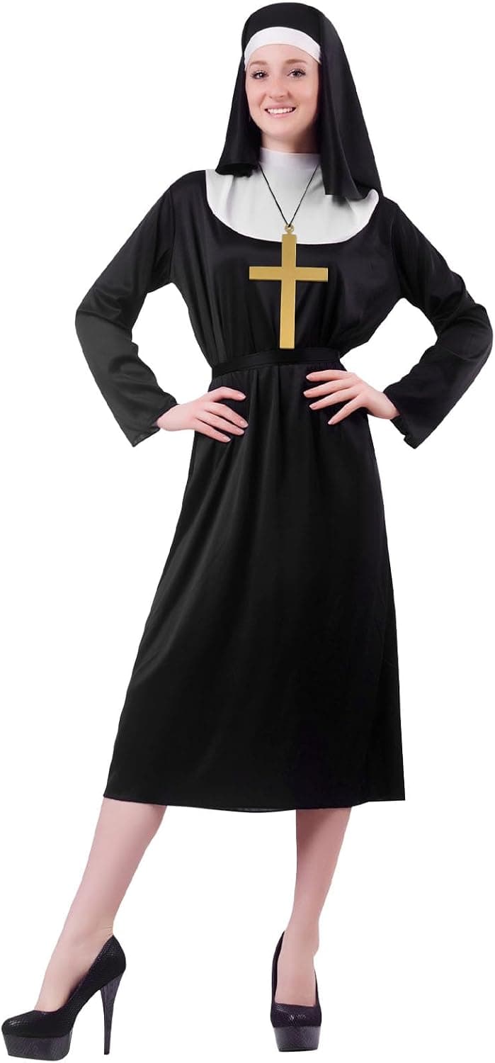 Aomig Disfraz Monja Mujer, Vestido Fancy Dress, Gorro Collar Cruz
