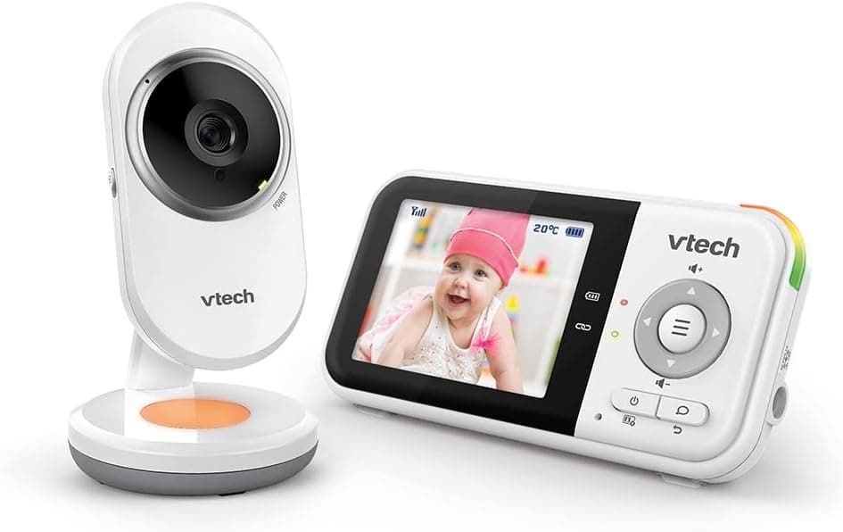 VTech Monitor para bebé BM3254 con cámara, Largo Alcance, Pantalla LCD de 2.8 Pulgadas, luz Nocturna a Color, Sonidos relajantes y Canciones de Cuna, comunicación bidireccional – Versión ES, Blanco