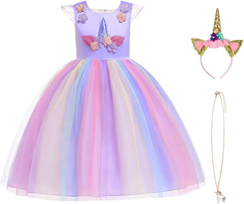 URAQT Disfraz Unicornio Niña, 3pcs Vestido Princesa Con Diadema y Collar