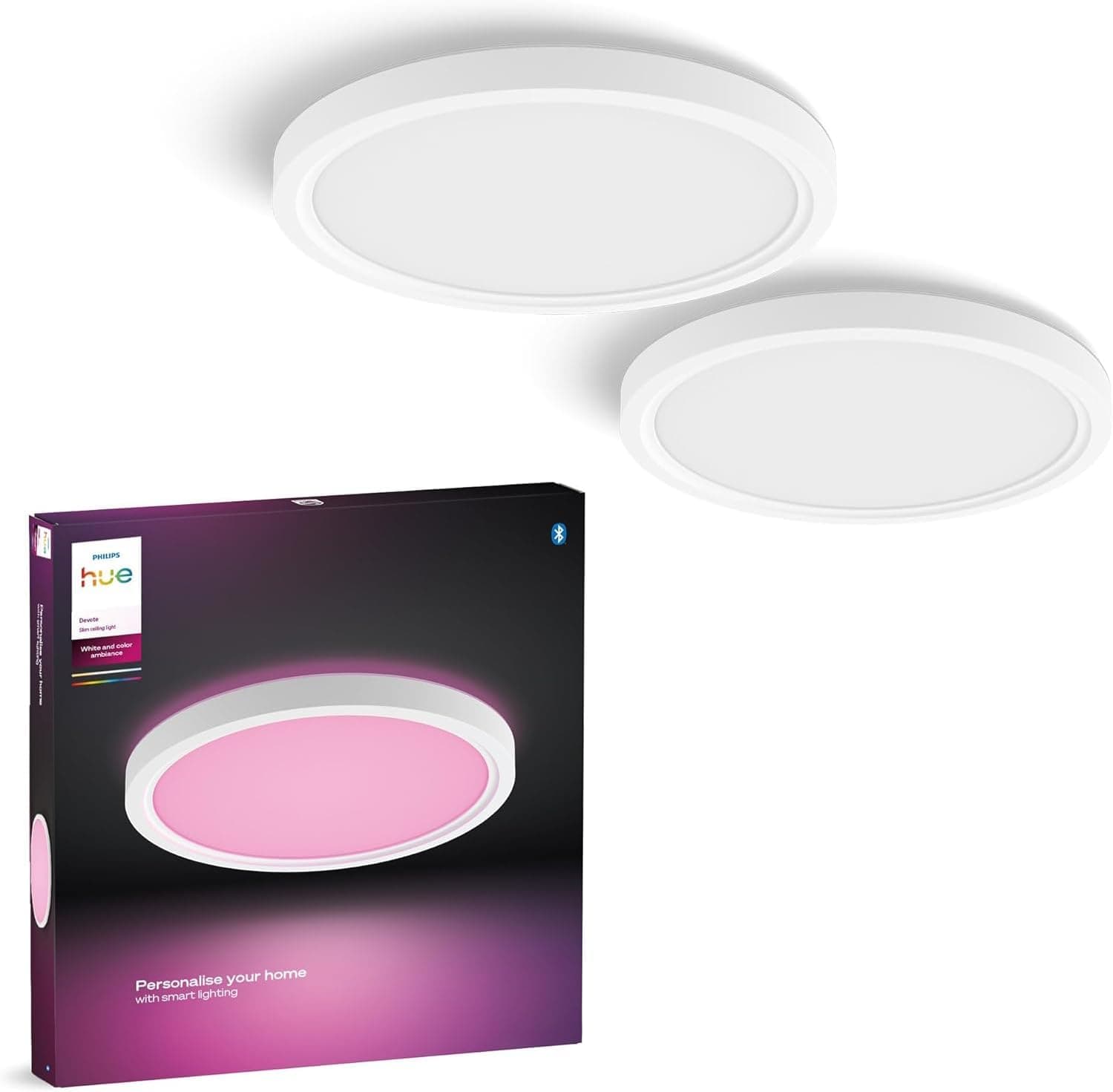 Philips Hue Devote (2un) - Panel LED inteligente Redondo 30cm, Marco Blanco, RGBW, 16.6W, 2000 Lumens, para Interior, Salón, Cocina, Pasillo, compatible con Alexa, Google Assistant y Apple HomeKit