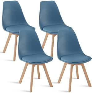 Juego de 4 sillas de comedor escandinavas modernas con asiento tapizado y patas de haya, para comedor, cocina, salón y dormitorio, color azul oscuro