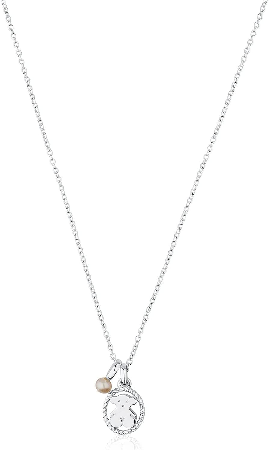 TOUS Collar de Plata de Primera Ley con Perla Cultivada para Mujer, Largo 45cm, Versátil y Elegante, Colección Camee