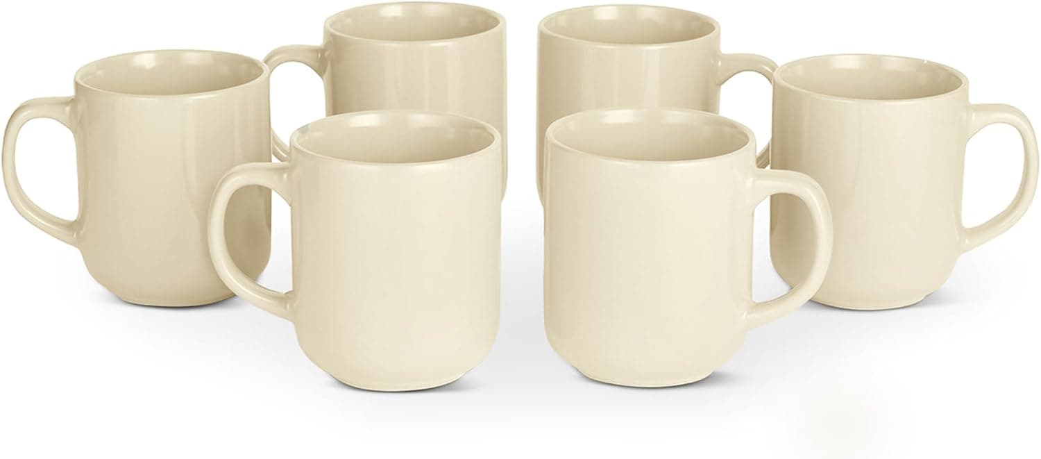Amazon Basics Tazas de Café de Gres Esmaltado, Juego de 6 Piezas, 455ml, Aptas para Microondas y Lavavajillas, Marfil