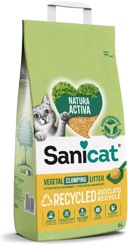 Sanicat - Arena vegetal aglomerante reciclada Natura activa , Absorción superior y control de olores, es de origen natural, biodegradable y compostable, 6 L de capacidad