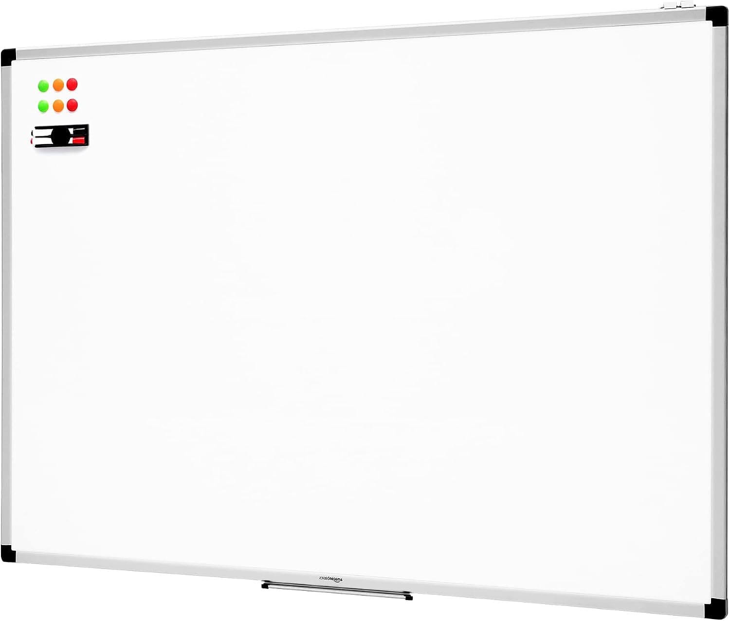 Amazon Basics Pizarra Blanca Magnética con Marco de Aluminio, Bandeja para Rotuladores, 6 Imanes, 1 Borrador y 2 Rotuladores para Uso en Oficina y Hogar, Montaje en Pared, Borrado en Seco, 120 x 90cm