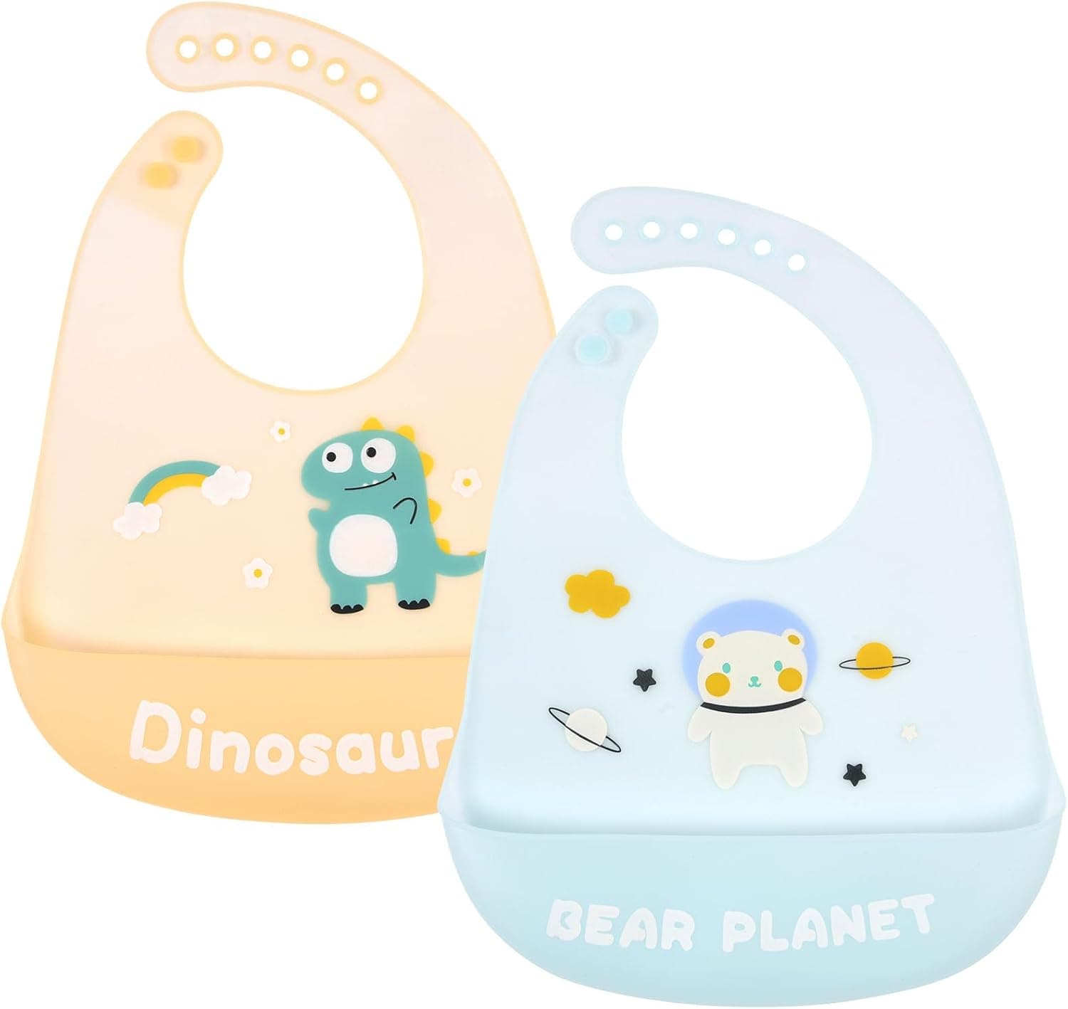 Vicloon Baberos de Alimentación para Bebés, 2Pcs Baberos de Silicona con Recolector Alimentos, Impermeables/Suave Ajustable/Fácil de Limpiar, Baberos para Bebes Unisex, Oso y Dinosaurio