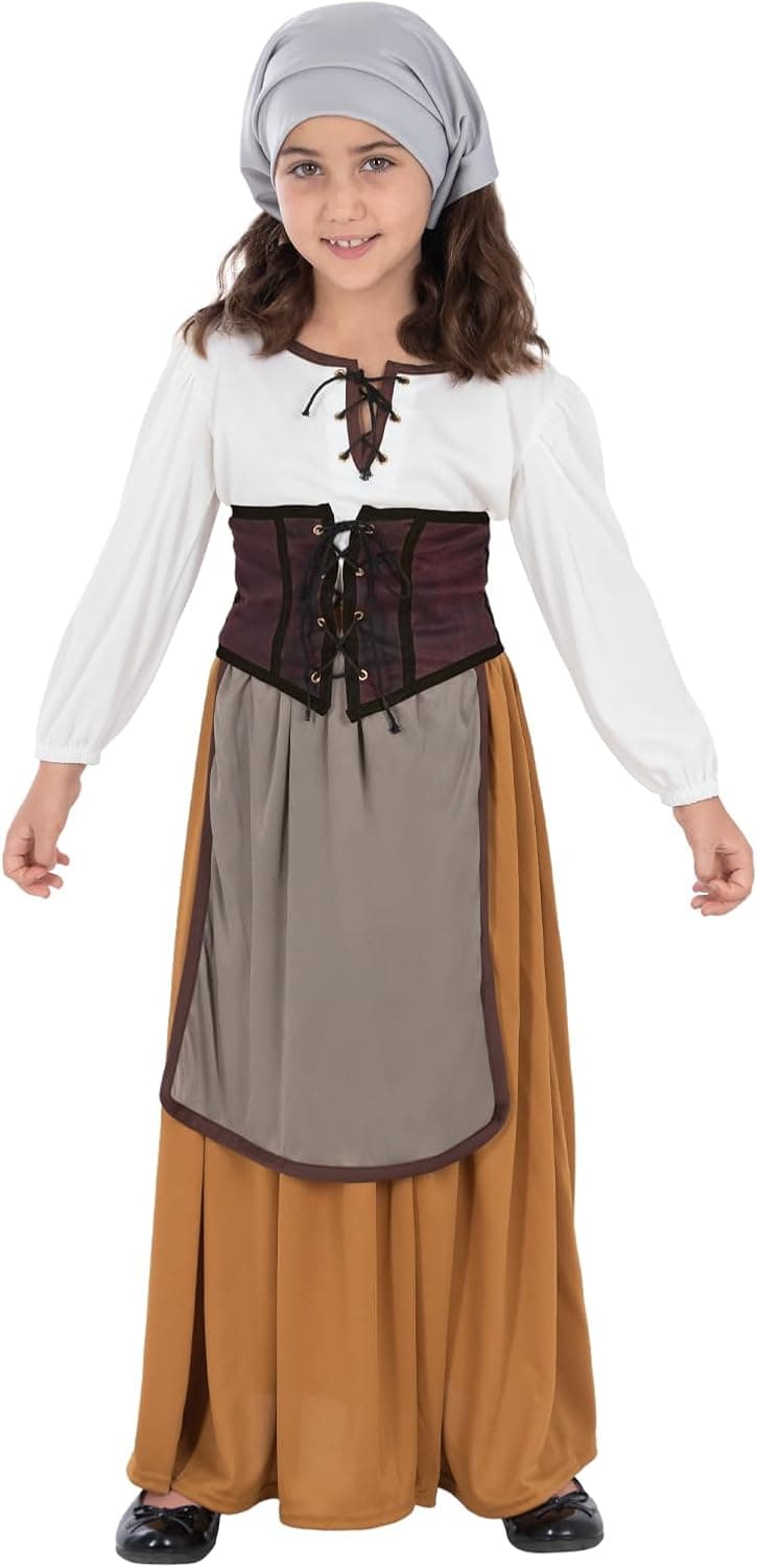 Funidelia Disfraz de campesina medieval para niña, Falda, delantal, camiseta, corpiño y pañuelo para cabeza, Edad Media - Traje para niños para fiestas, Carnaval y Halloween - Talla 5-6 años