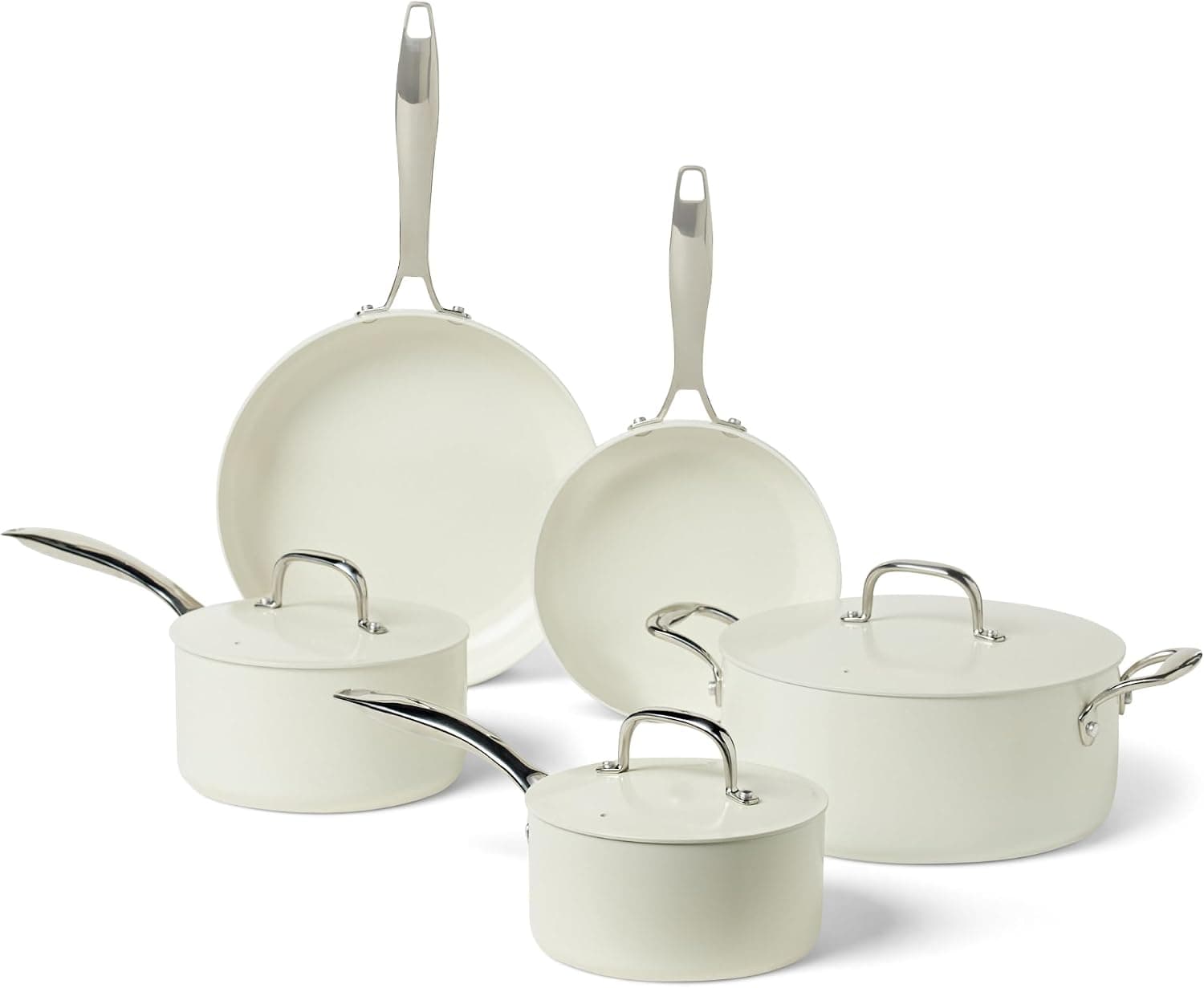 Amazon Basics Batería de Cocina Antiadherente de Cerámica, Juego de 8 Piezas de Ollas y Sartenes, Aptas para Lavavajillas y Horno, Compatibles con Todo Tipo de Fuegos, Marfil
