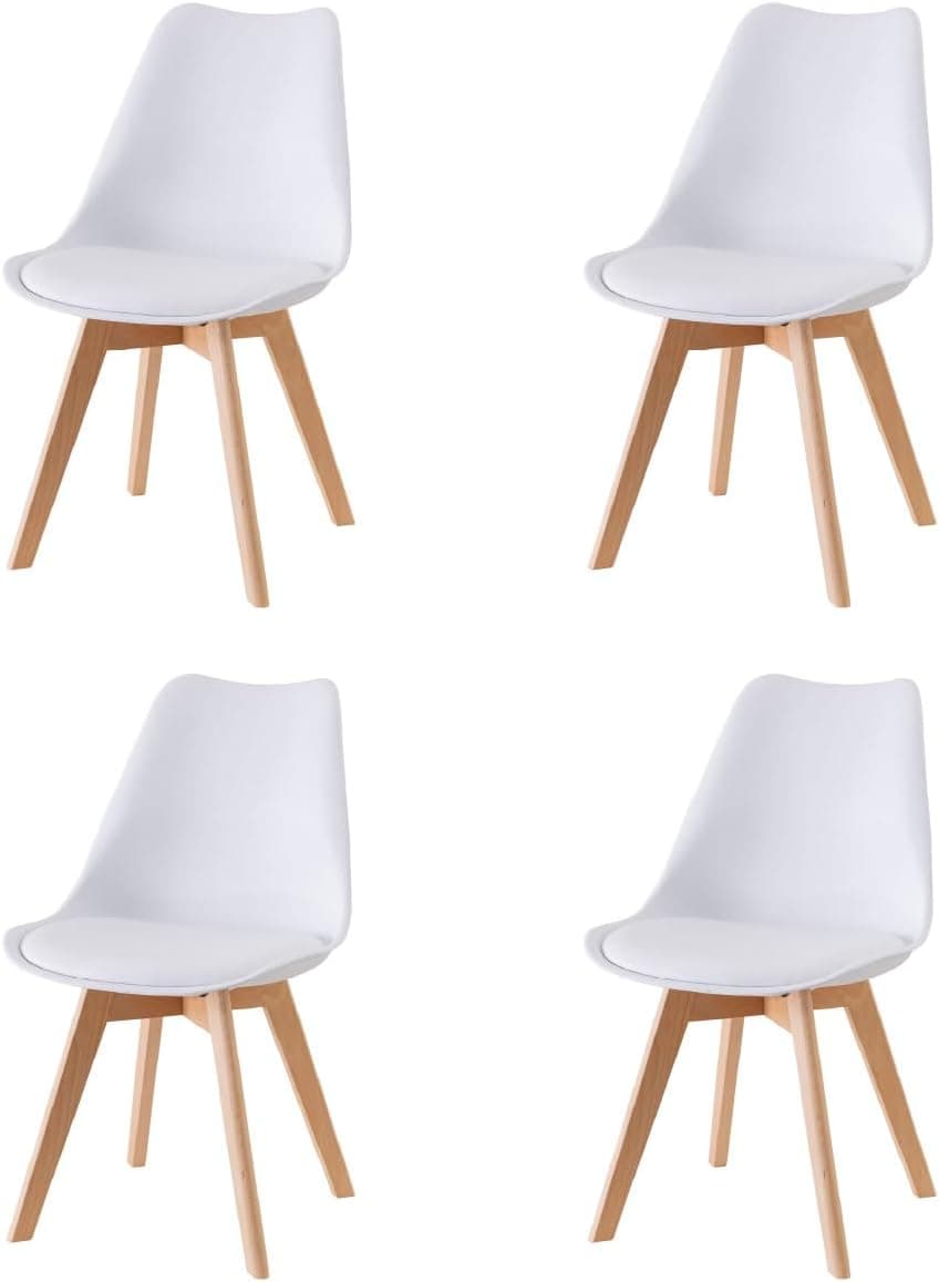 Baroni Home Silla de Comedor o de Trabajo con Patas de Madera, Silla Ergonómica con Cojín Integrado, 50X48X82 cm (Blanco, 4)