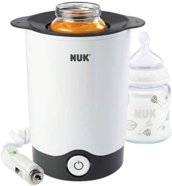 NUK Thermo Express Plus calentador para biberones portátil | Calienta líquidos y alimentos blandos cuidadosamente en 90 segundos | Apagado automático | Enchufe de 2 clavijas y adaptador de 12 V