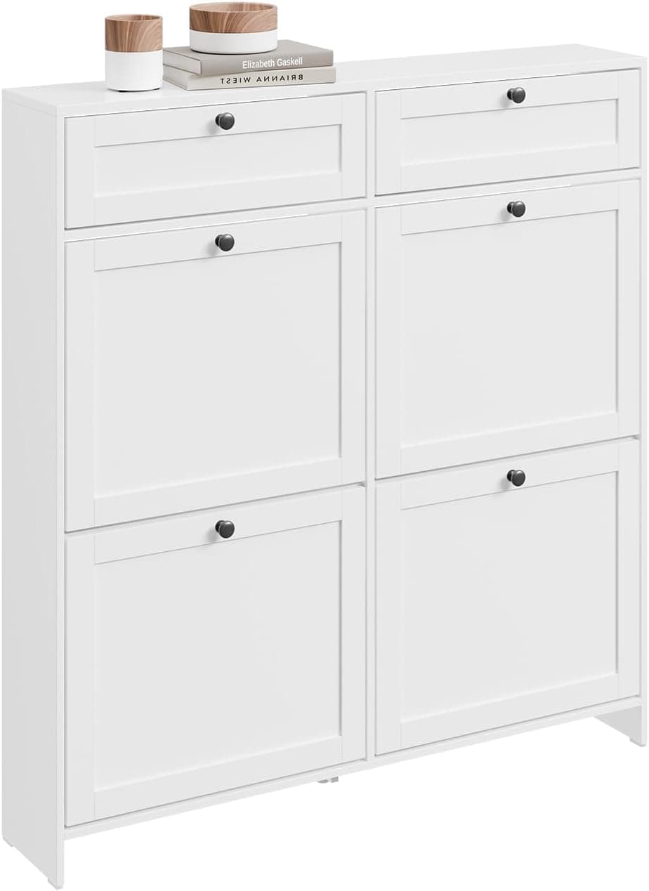 SoBuy Zapatero Entrada Recibidor, Mueble Zapatero Blanco Moderno para Entrada, con 2 Cajones y 4 Zapateros, Almacenaje para 12 Pares de Zapatos, Material MDF E1, 100 x 19 x 107cm, FSR208-W