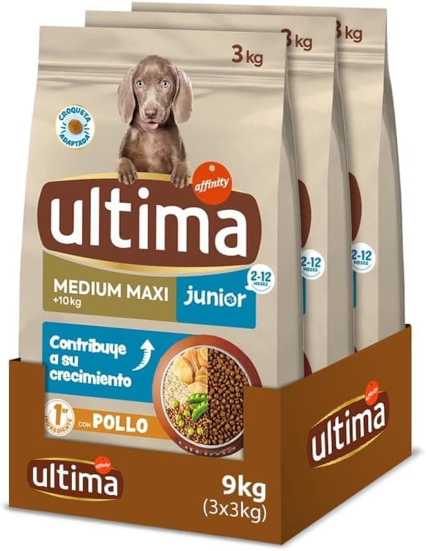 Ultima Medium-Maxi Junior Pollo, Comida seca para perros, Pack de 3 x 3kg, Total 9kg