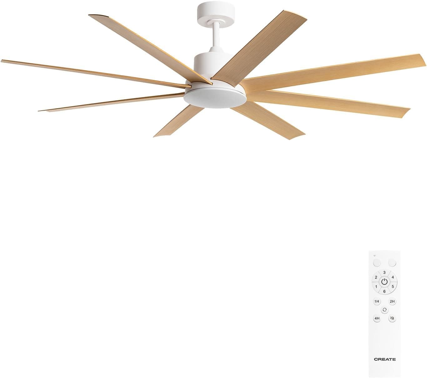 CREATE / WIND INDUSTRIAL XL/Ventilador de techo blanco efecto madera clara con mando / 40W, Silencioso, Ø165 cm, 6 velocidades, programable, función verano-invierno