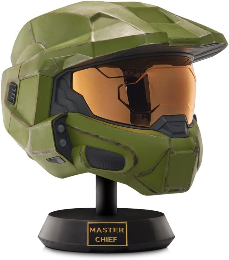 Halo - Casco de Lujo Jefe Maestro con soporte - Casco con luces LED en cada lado - Pintura bélica dañada - Sin SFX - Talla única