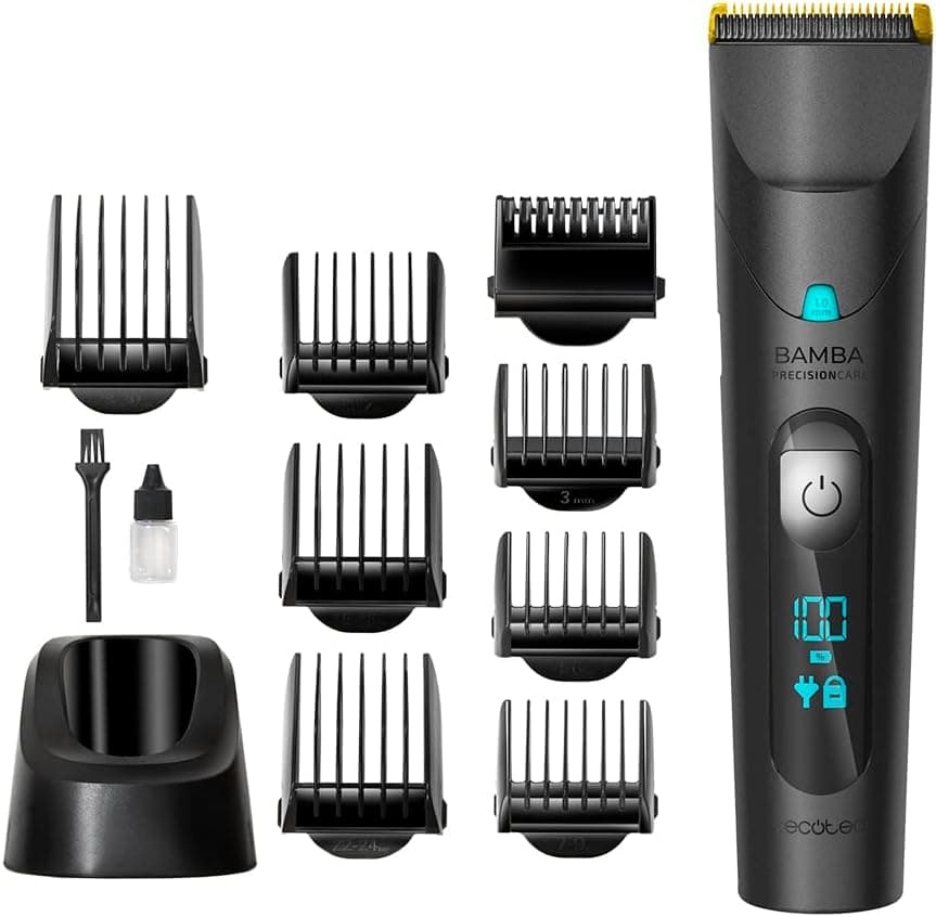 Cecotec Cortapelos Bamba PrecisionCare Wet&Dry. Batería de Litio, Autonomía 120 mins, Cuchillas de Acero Inox con Recubrimiento de Titanio, IPX6, Modo con Cable, Incluye 8 Peines