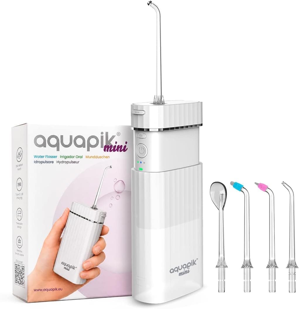 Irrigador dental portátil Aquapik Mini 140 ml | Water flosser recargable USB tipo C | 3 modos presión | limpieza profunda | Ideal para Encías sensibles, ortodoncia e implantes dentales (Blanco)