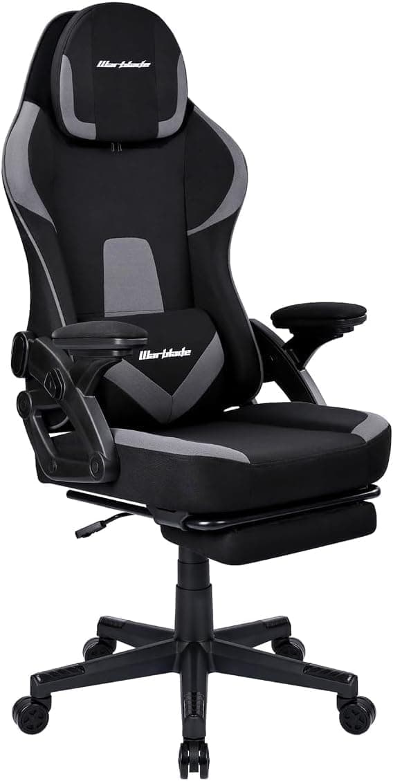 T-LOVENDO.ES Silla Gamer Gaming Profesional, Ergonómica, de Tela Transpirable y Antimanchas, Reposabrazos Abatibles, con Reposapiés. para Adultos. Altura Regulable y Respaldo Abatible. (Negro/Gris)
